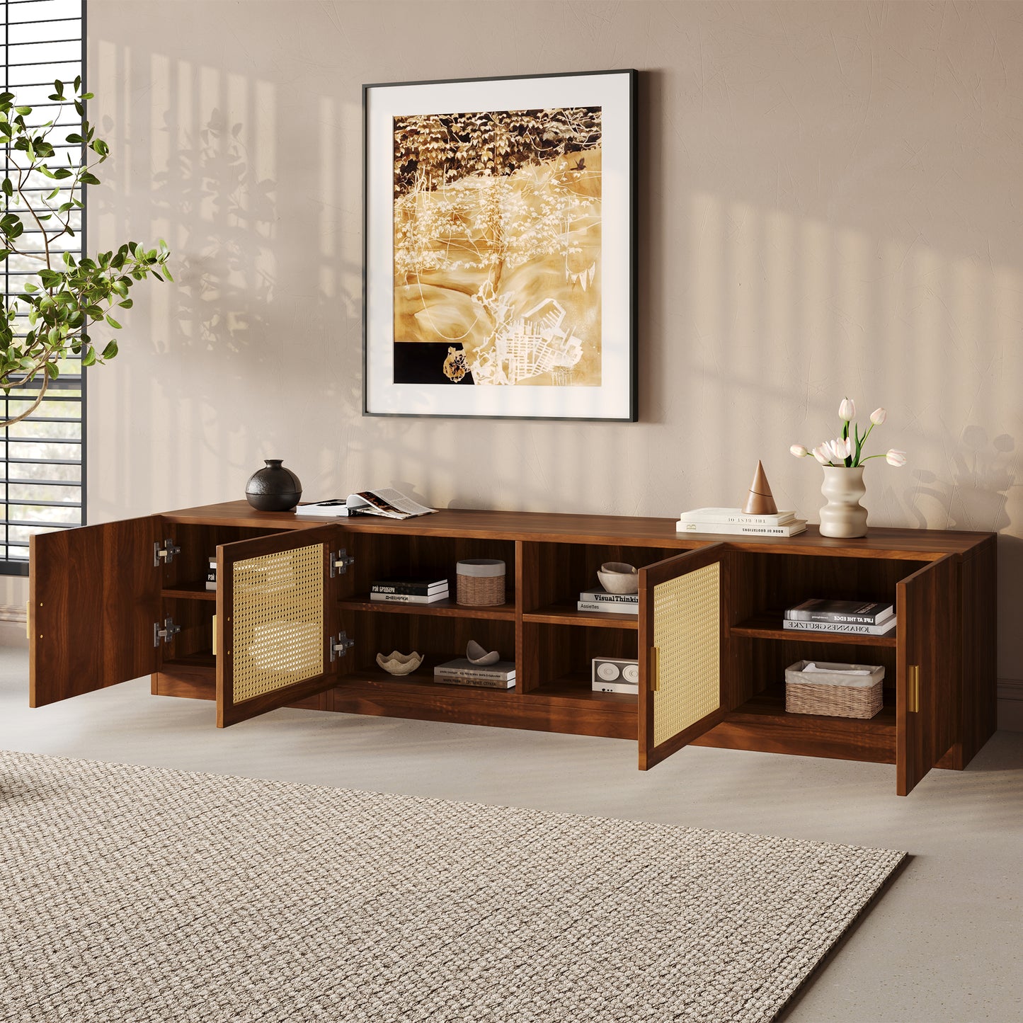 78" TV Stand for TVs Up to 85" - Walnut Media Console with Rattan Doors