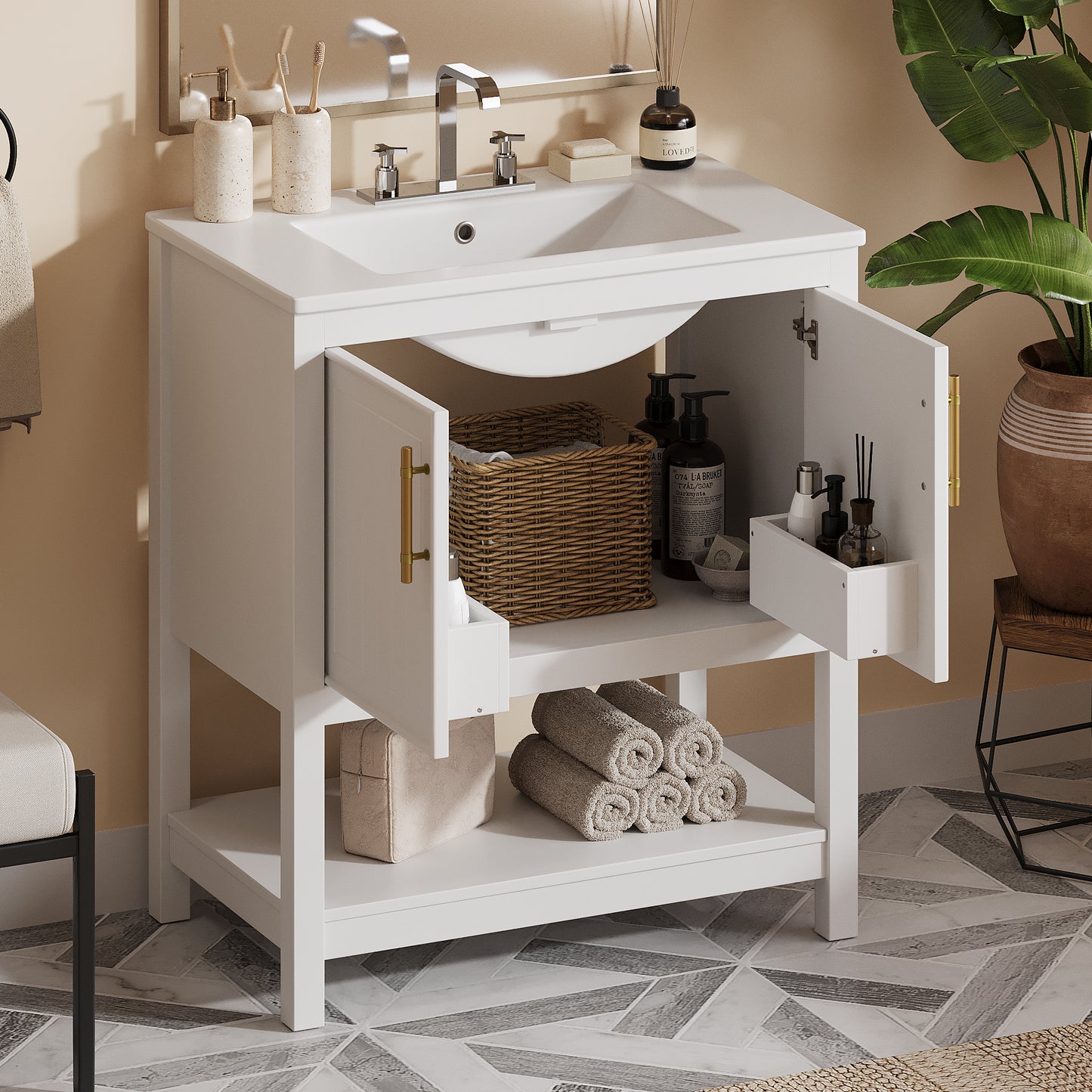 30-Inch White Bathroom Vanity with Ceramic Sink and Storage