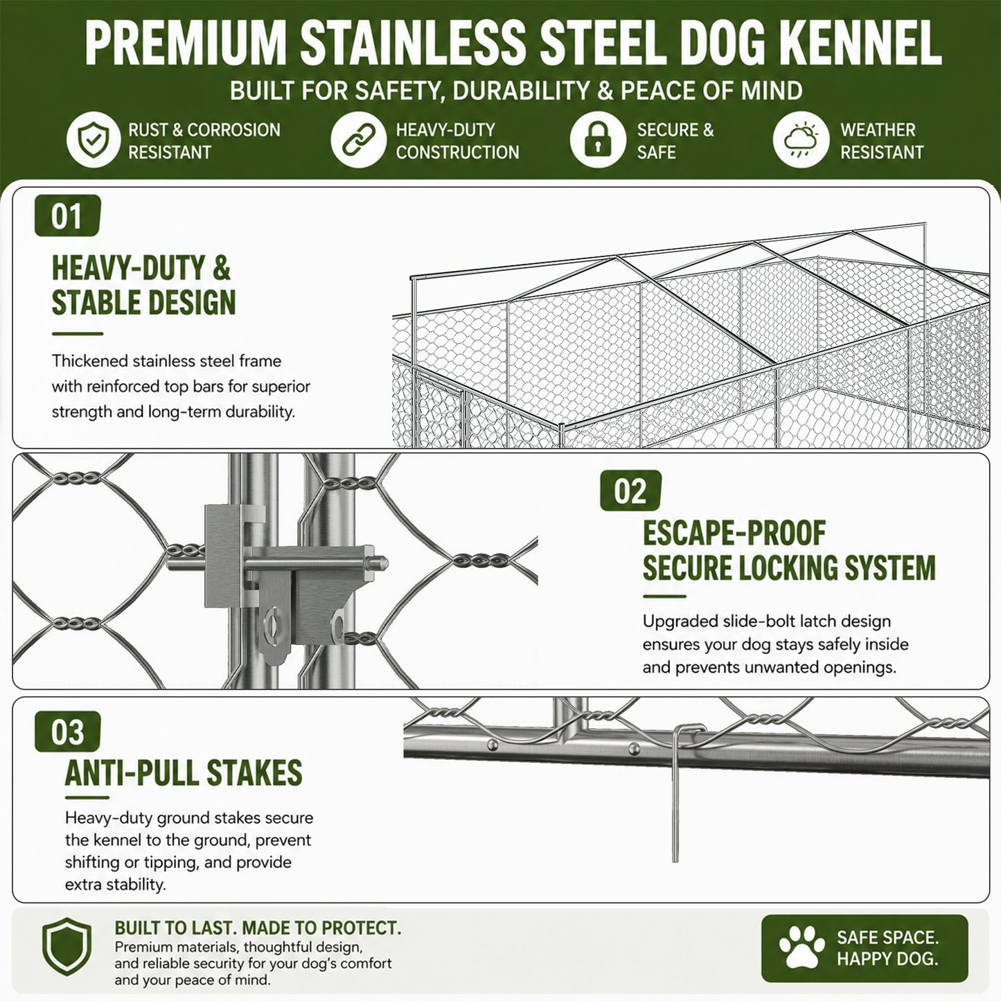 Large Outdoor Dog Kennel with Canopy - Heavy Duty Galvanized Steel Frame, Waterproof Cover, All-Weather Escape-Proof Pet Pen for Large Dogs