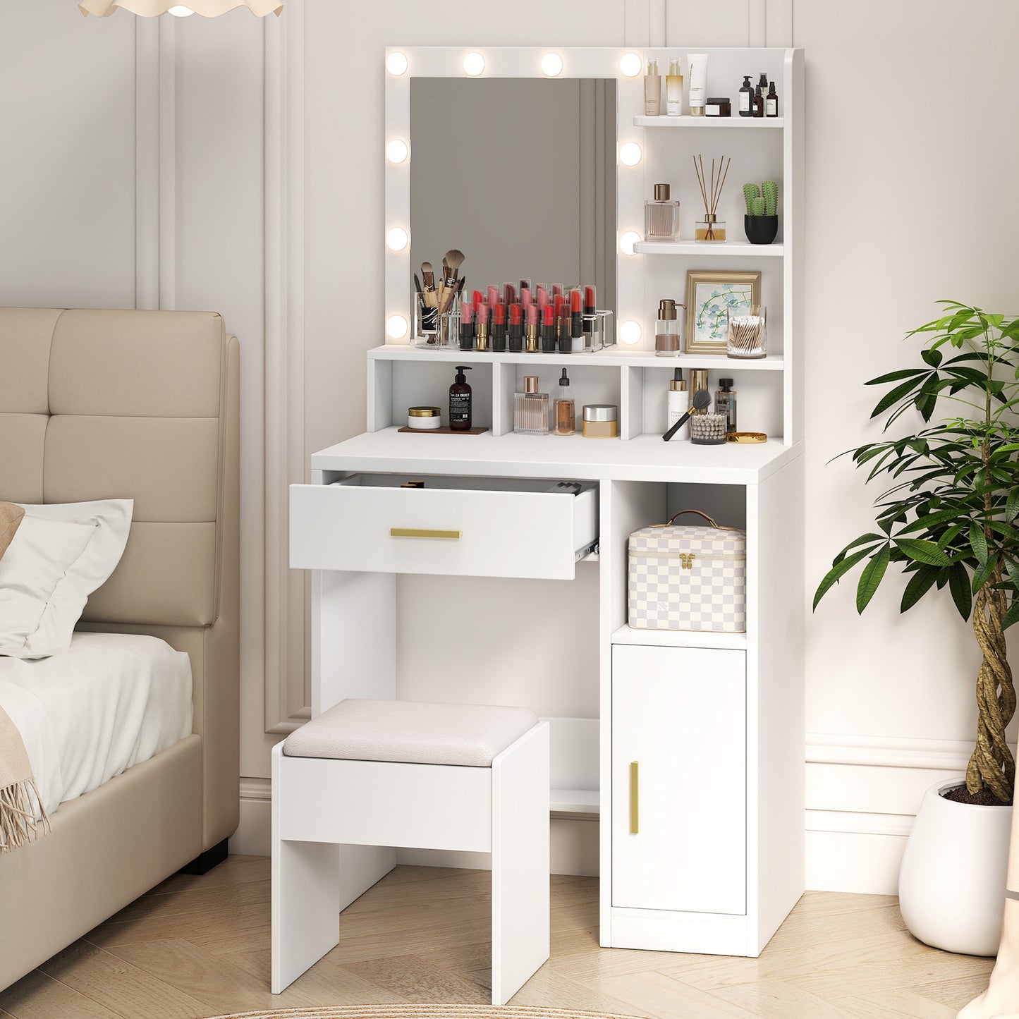 Vanity Desk With Mirror Makeup 10 Dimmable Bulbs Drawers Cabinet