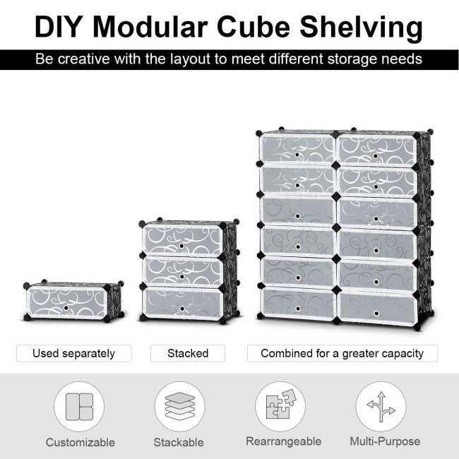 12-Cube Portable Plastic Shoe Rack with Transparent Doors