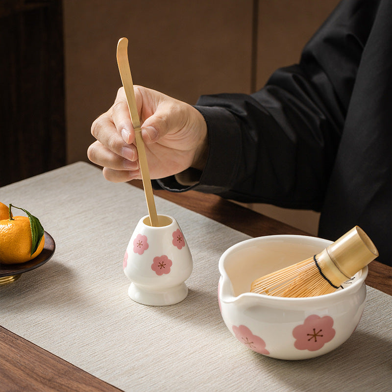 Ceramic Matcha Bowl Set Japanese Style Flower Pattern Home Barware
