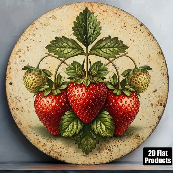 Vintage Strawberry 2D Flat Round Sign - 8x8in Metal Wall Art