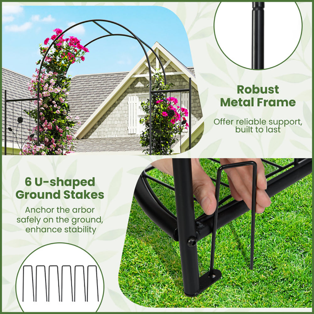 87 Inch Tall Garden Arch with Gate & Planter Shelves - Black
