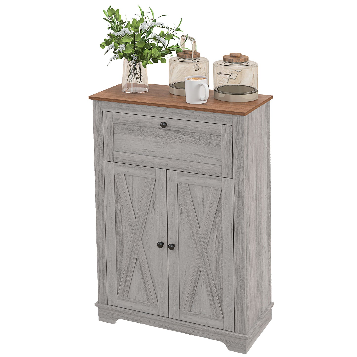 Farmhouse Storage Cabinet with Doors and Drawer - Light Gray