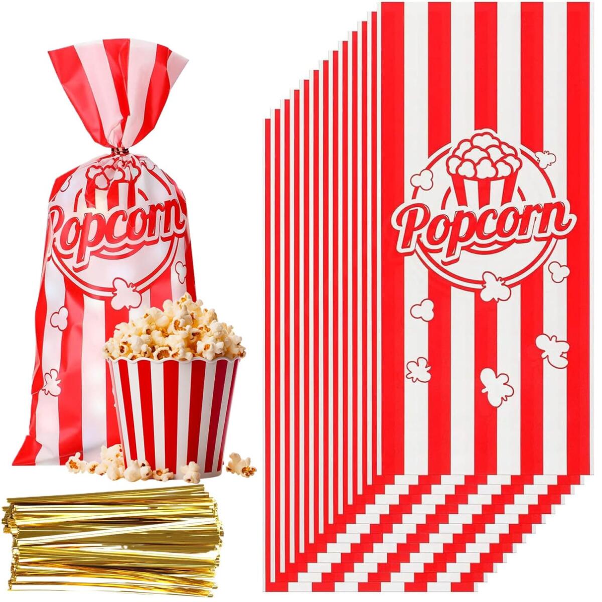 150 Pcs Red and White Plastic Popcorn Bags - 10.8 x 5 Inch