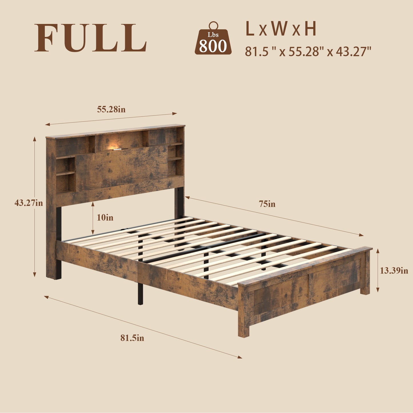 Full Wooden Platform Bed Frame with Bookcase Headboard & LED