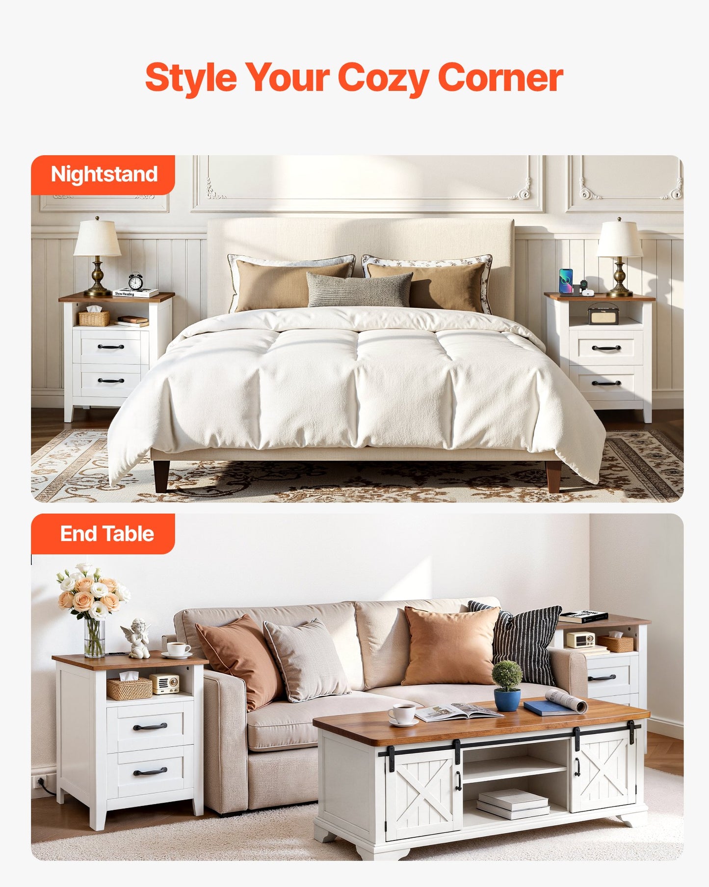 Farmhouse Nightstands Set of 2 with Charging Station White - Rustic End Tables with USB Ports & Storage