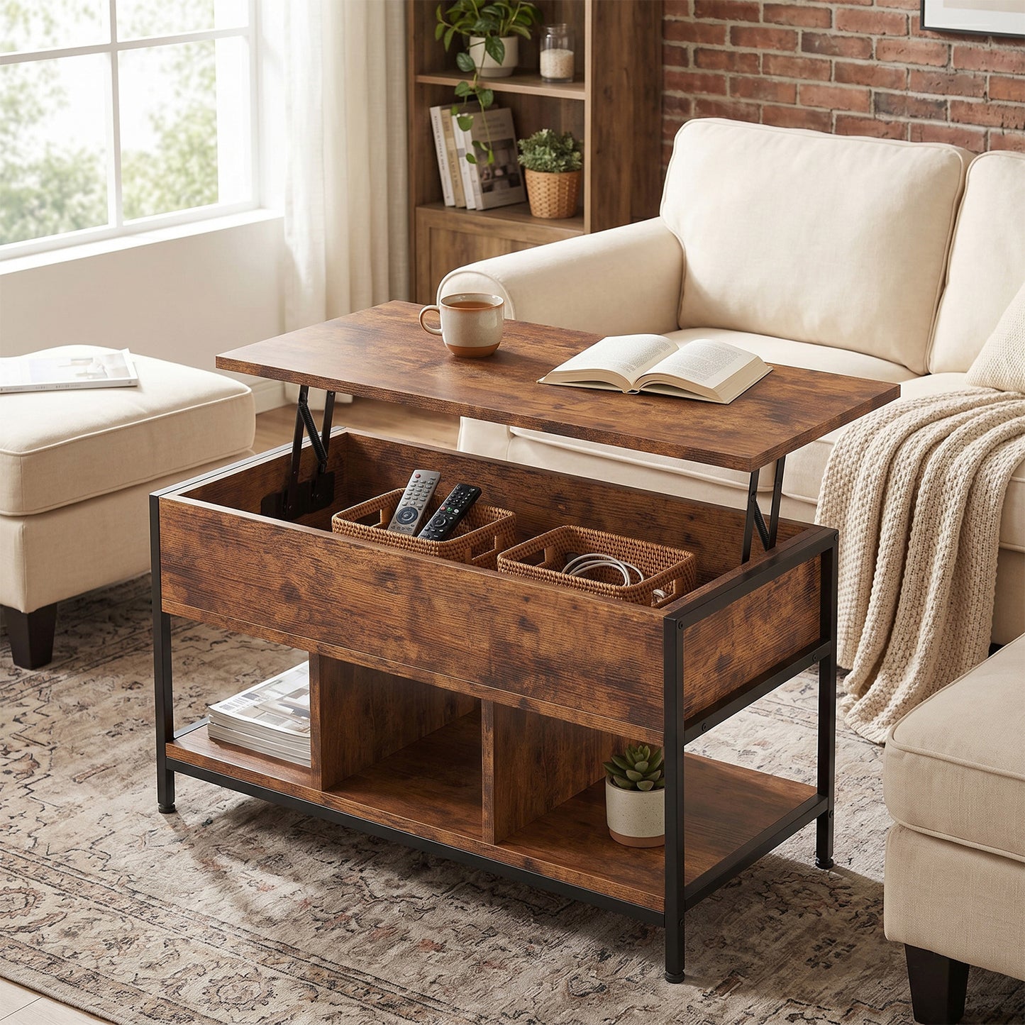 Lift Top Coffee Table with Hidden Storage - Retro Design