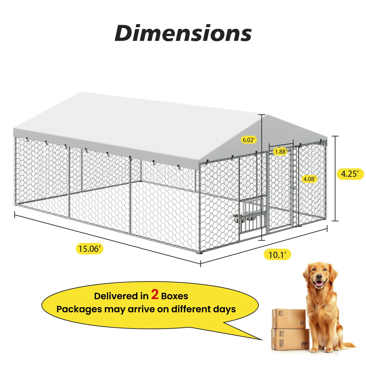 Large Outdoor Dog Kennel with Canopy - Heavy Duty Steel Frame, Waterproof Cover, Elevated Feeders, Escape-Proof Locking for Large Dogs