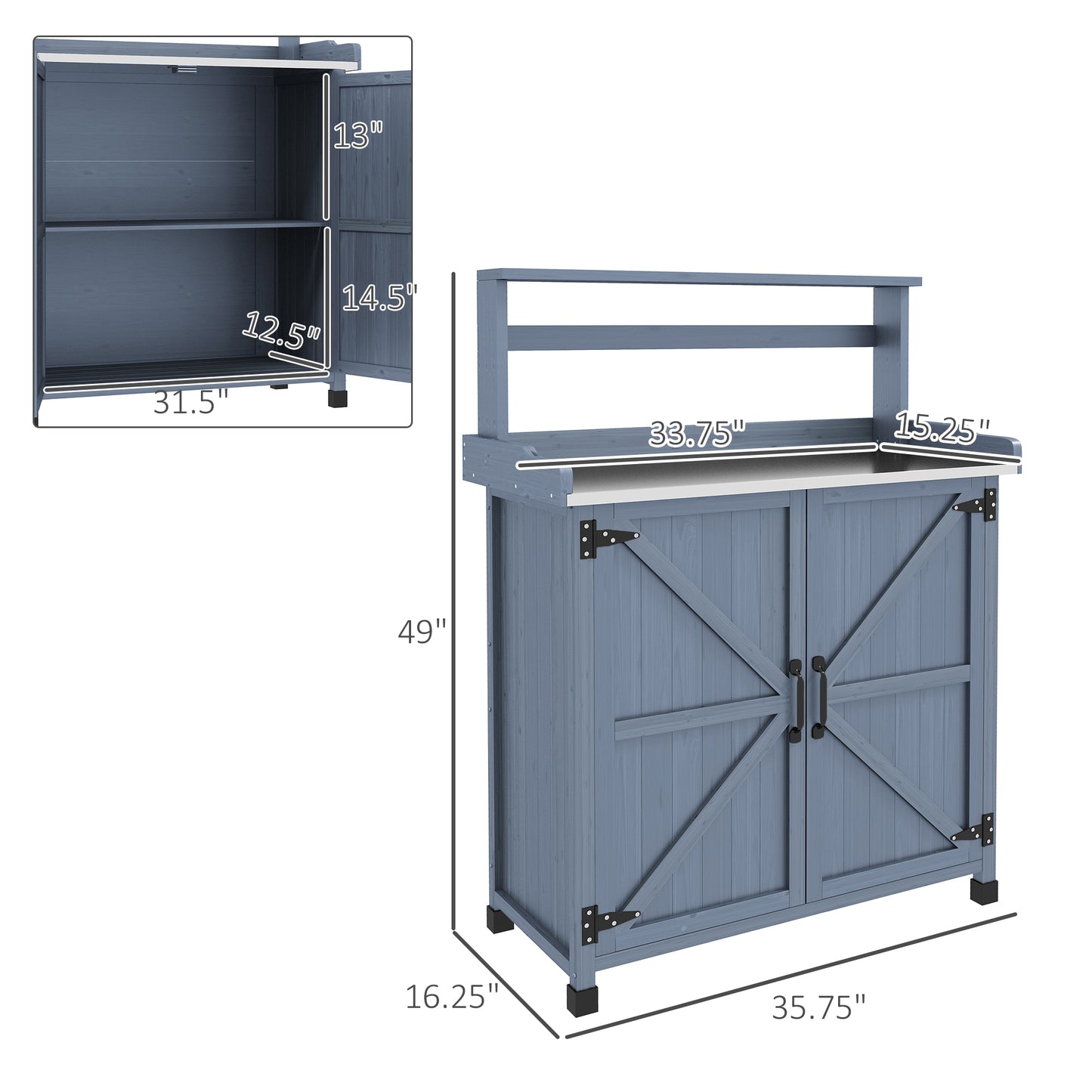 Outdoor Wooden Potting Bench with Storage Cabinet and Galvanized Tabletop - Gray