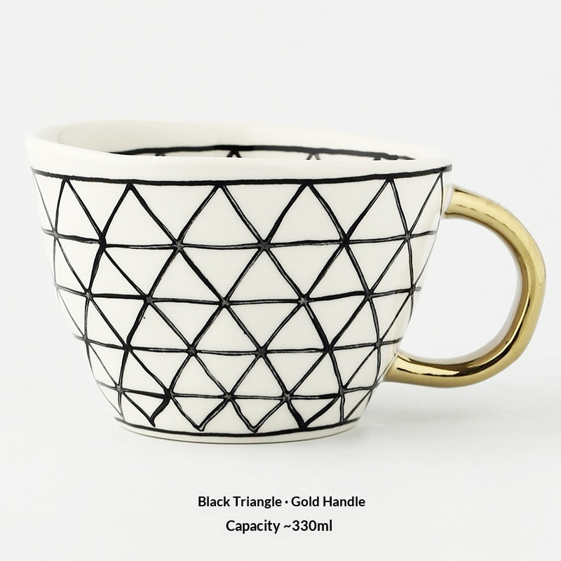 Japanese Geometric Ceramic Mug - Wide Mouth Hand-Pinched 330ml Drinkware