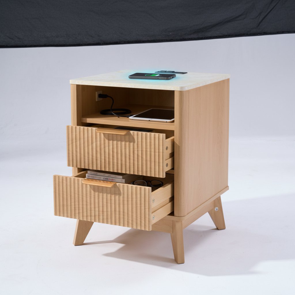 Carved Bedside Cabinet with Charging Port & Marble Top