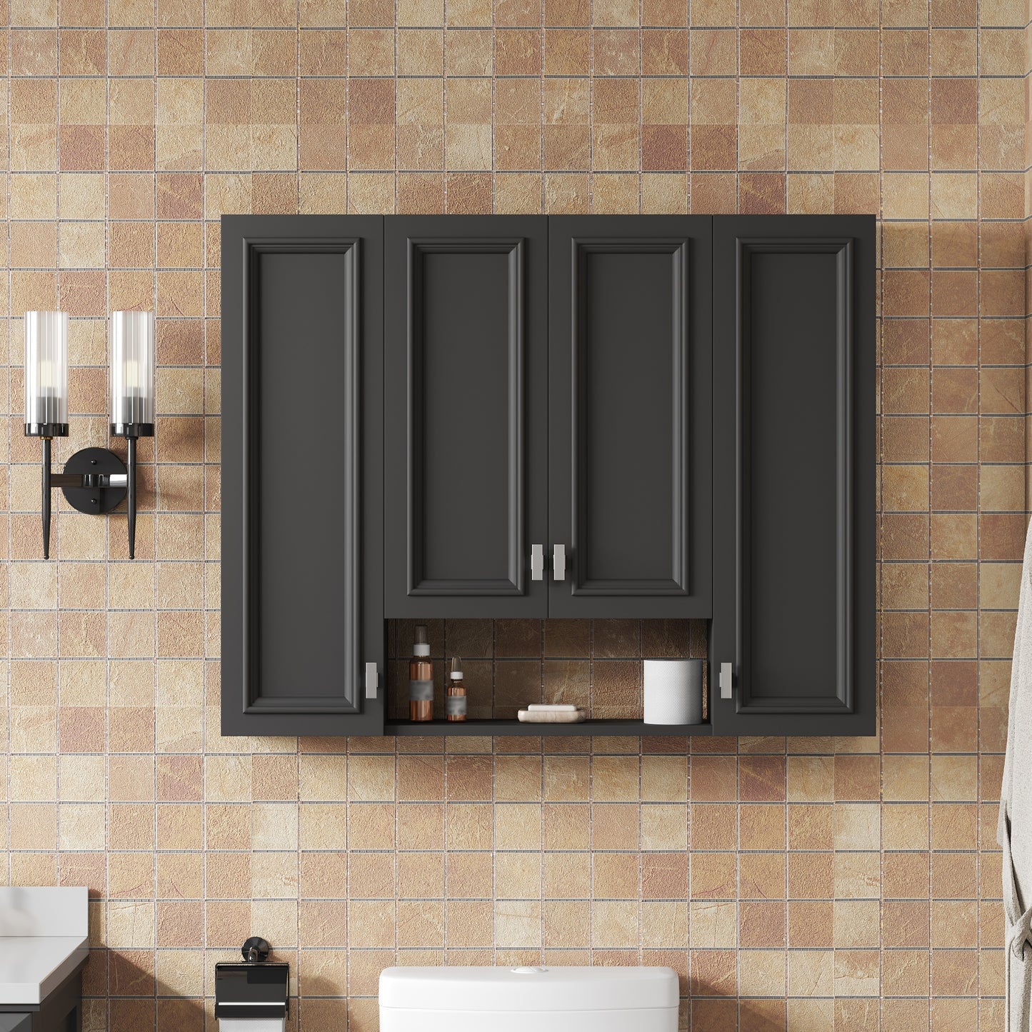 Modern Wall-Mounted Bathroom Cabinet with 5 Adjustable Shelves - Black