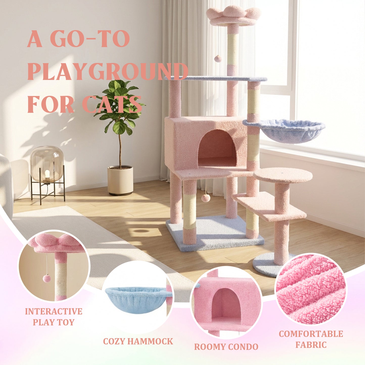 Pink Flower Cat Tree with Large Condo, Removable Cushion & Hammock - 56 Inch Tall