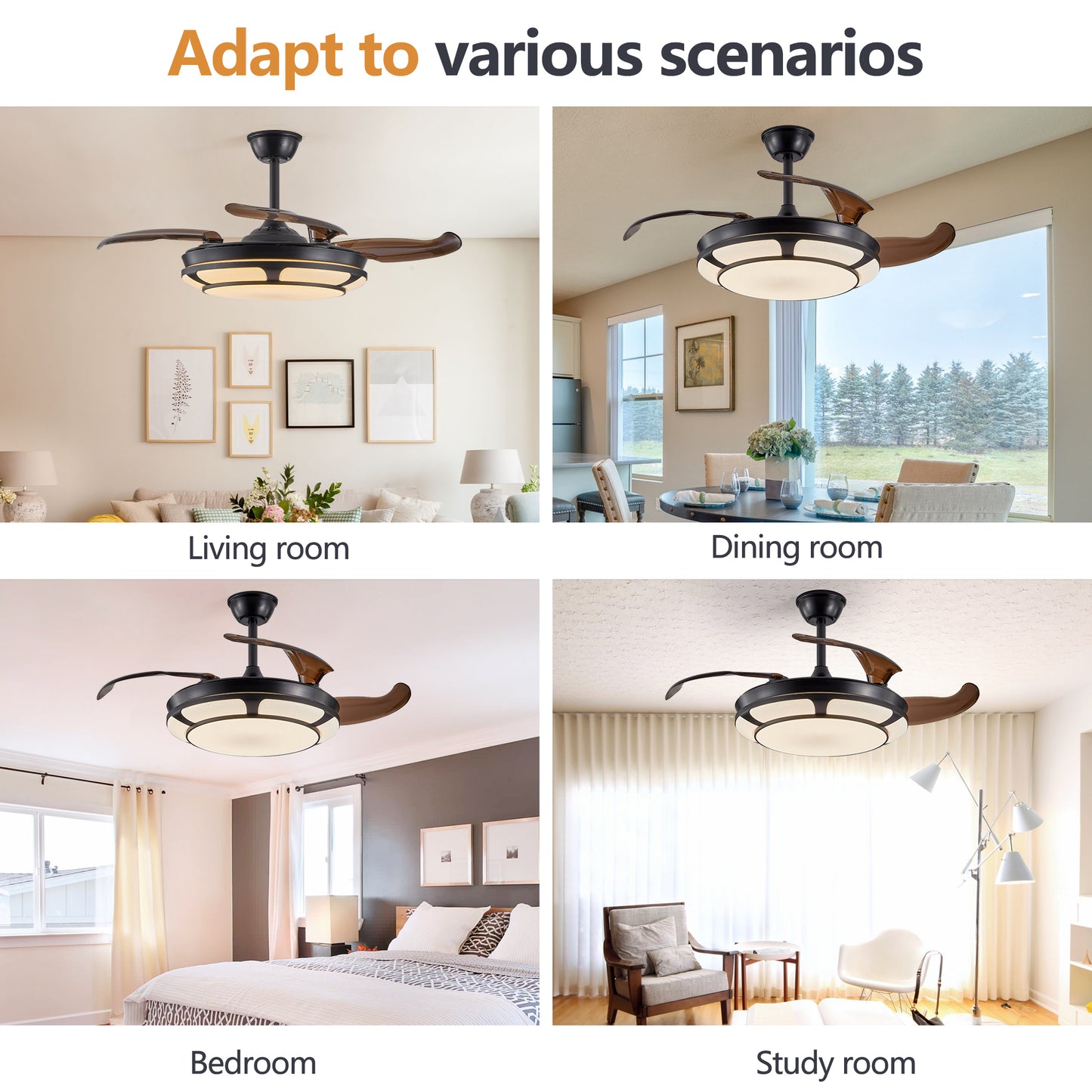 Retractable Ceiling Fan with Light - Modern LED Chandelier Fan