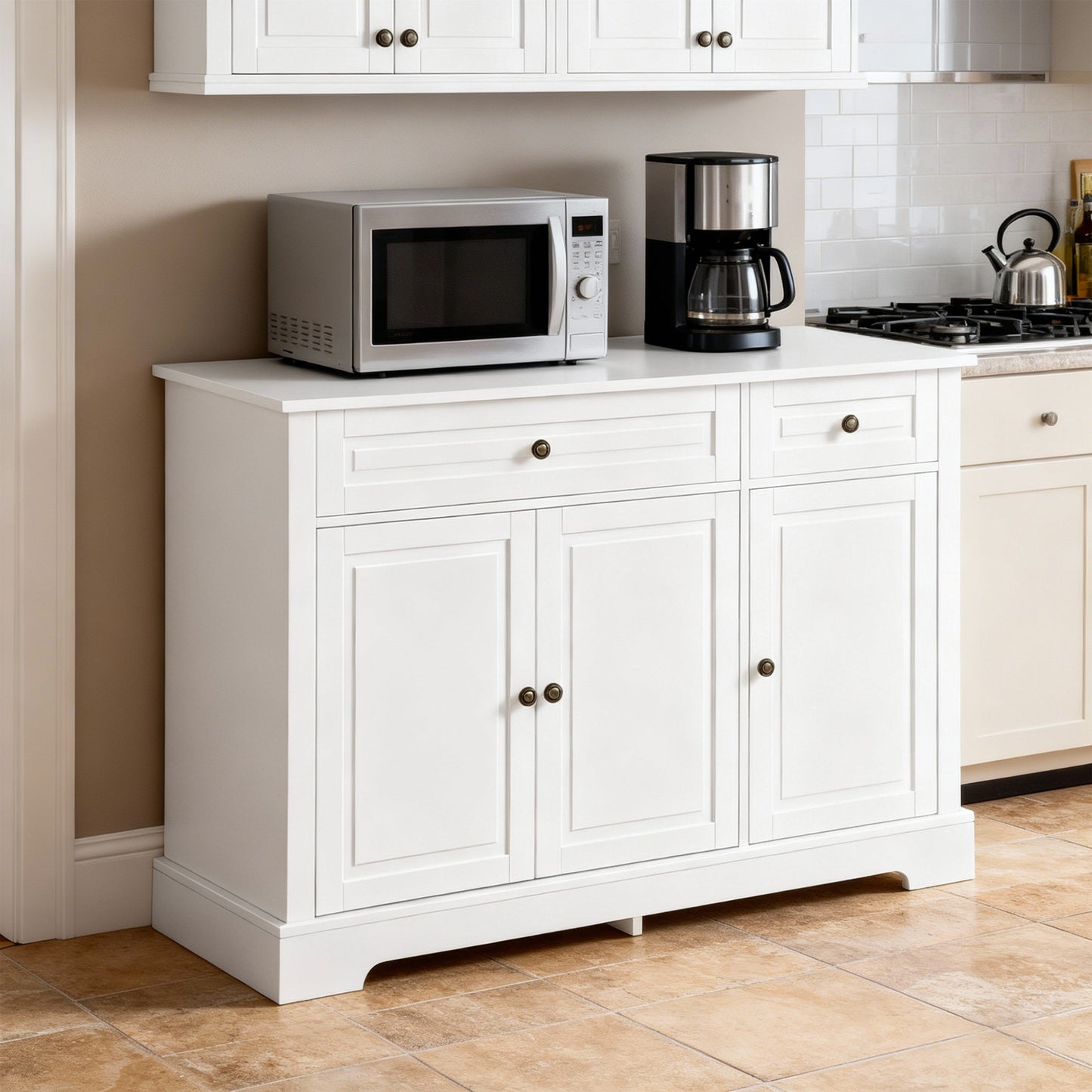 Modern White Sideboard Buffet Cabinet with 2 Drawers & Adjustable Shelves