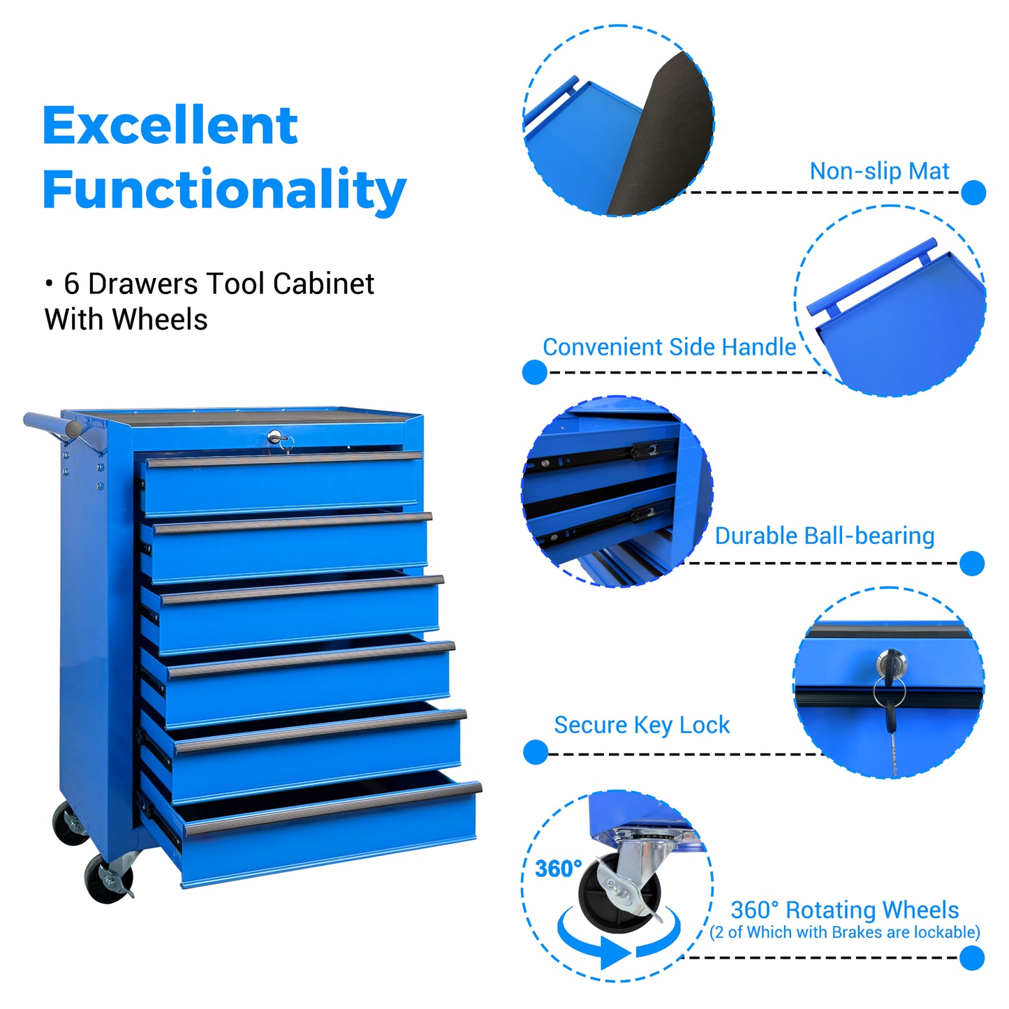 20-Inch Steel Rolling Tool Chest with 6 Drawers and Ball Bearing Slides - Blue