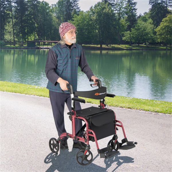 2-in-1 Rollator Walker and Wheelchair - Adjustable Handles, 300lbs Capacity, Red