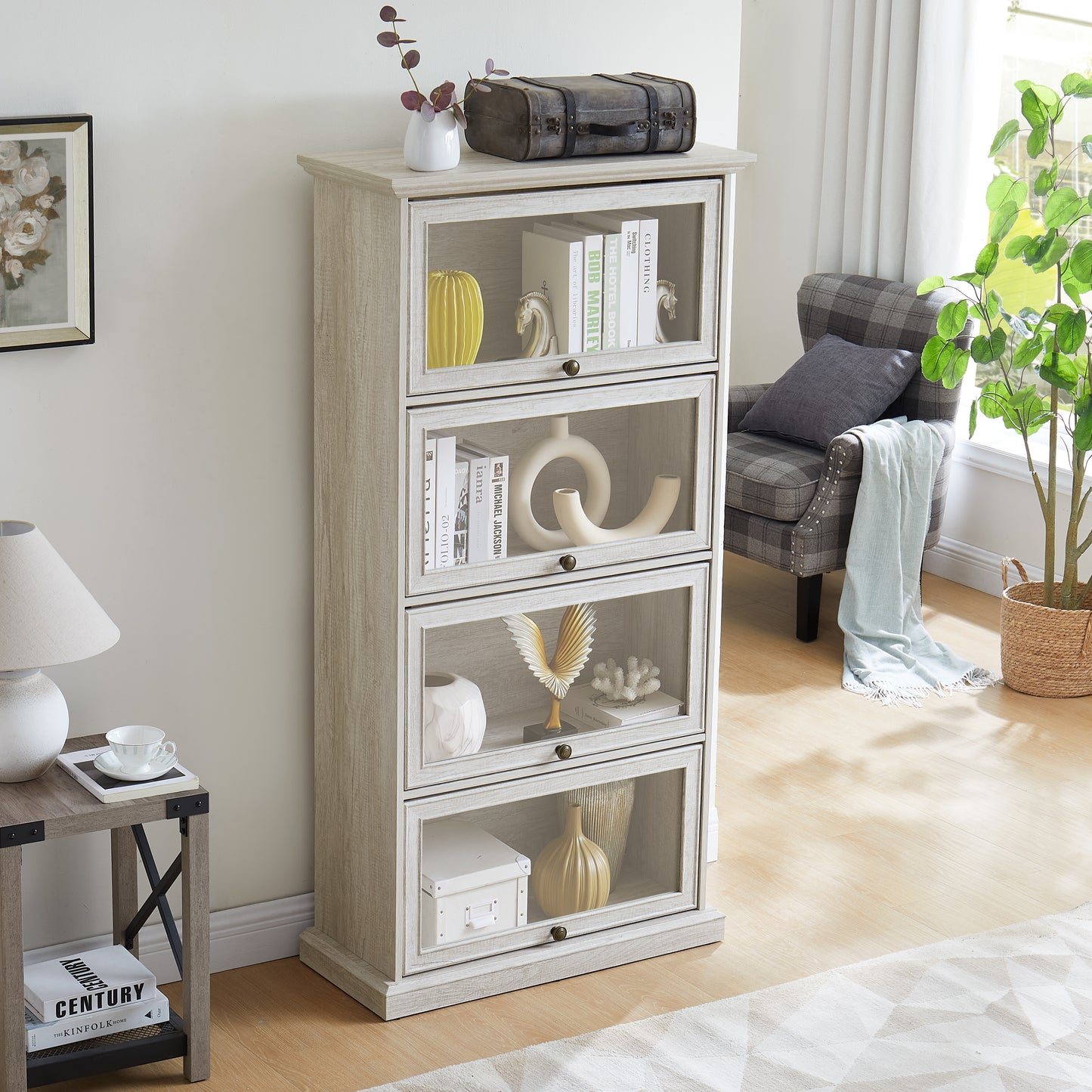Glass Display Cabinet - 4 Tier Curio Storage with Flip-Up Doors