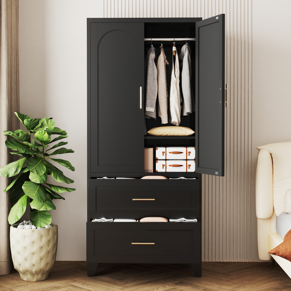 71" Tall Metal Wardrobe Cabinet with 2 Drawers & Shelf - Black