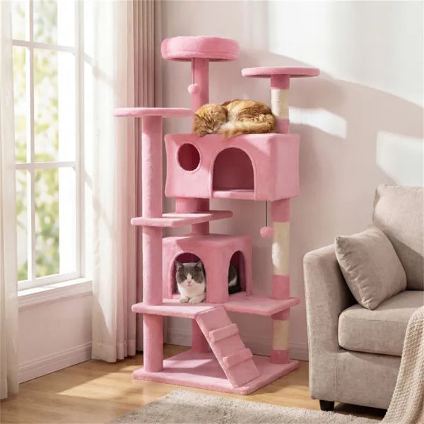 Pink 52-Inch Multi-Cat Cat Tree Tower with Perches, Condos & Scratching Posts