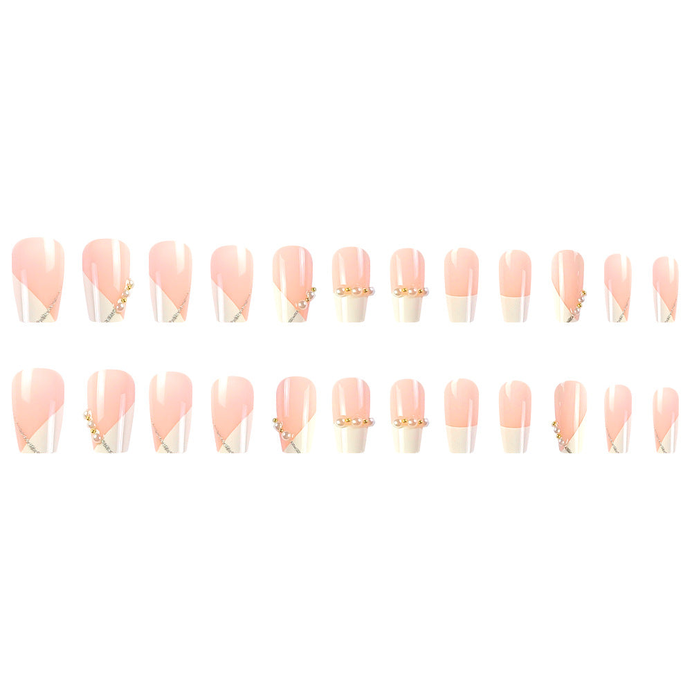 24-Piece Pink Coffin-Shaped French Artificial Nail Set with Pearl Design - Short Tips for Party & Daily Wear