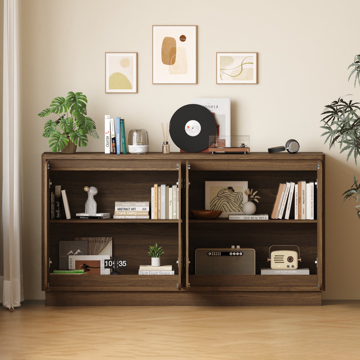 59.1" Walnut 4-Door Sideboard Buffet Cabinet with Adjustable Shelves