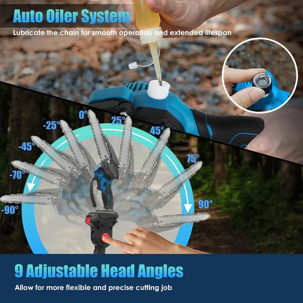 Cordless Electric Pole Saw & Mini Chainsaw with Extension Poles - 21V 3.0Ah Batteries, Adjustable Length, Auto Oiler, Safety Switch
