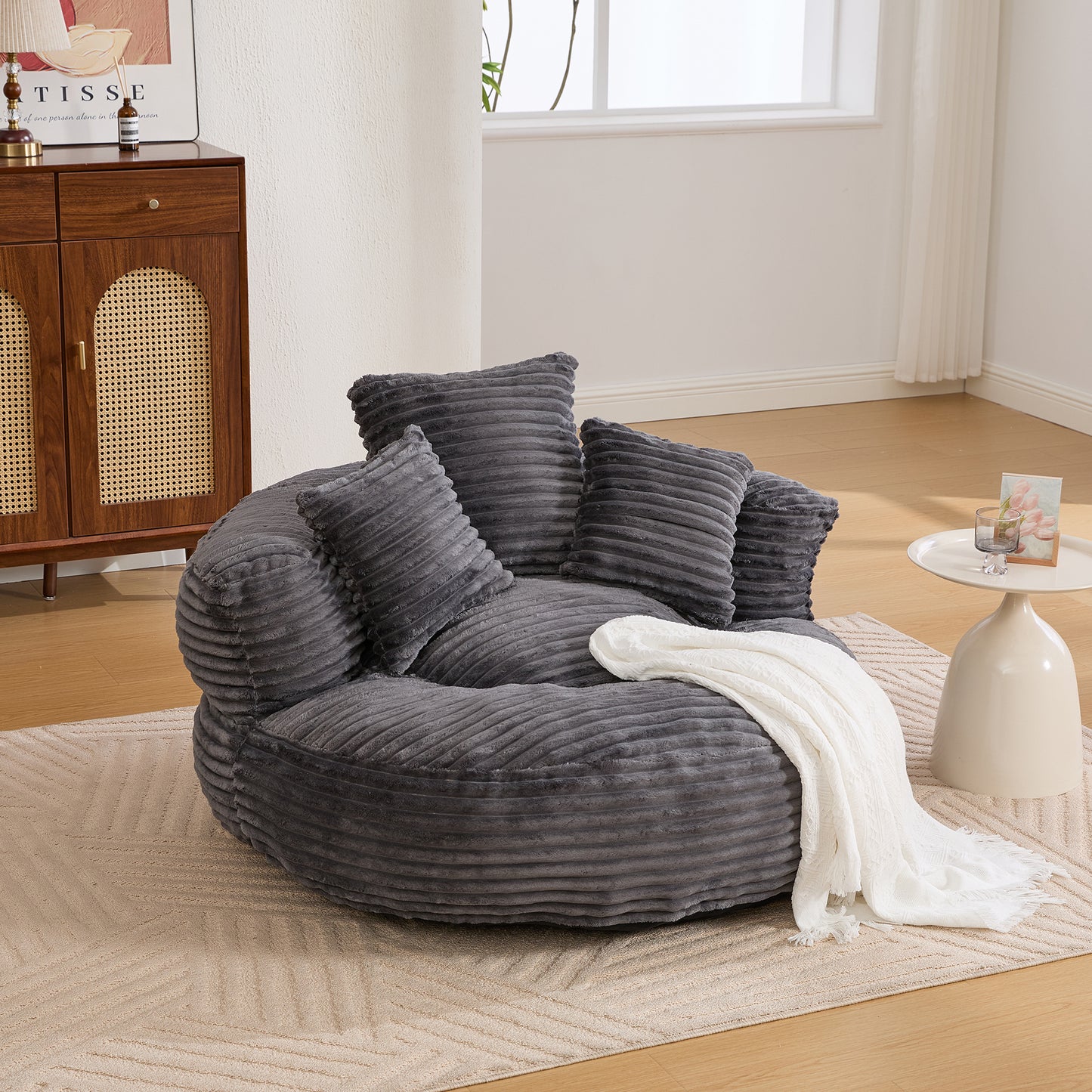Oversized Corduroy Bean Bag Chair with 3 Pillows - Dark Gray