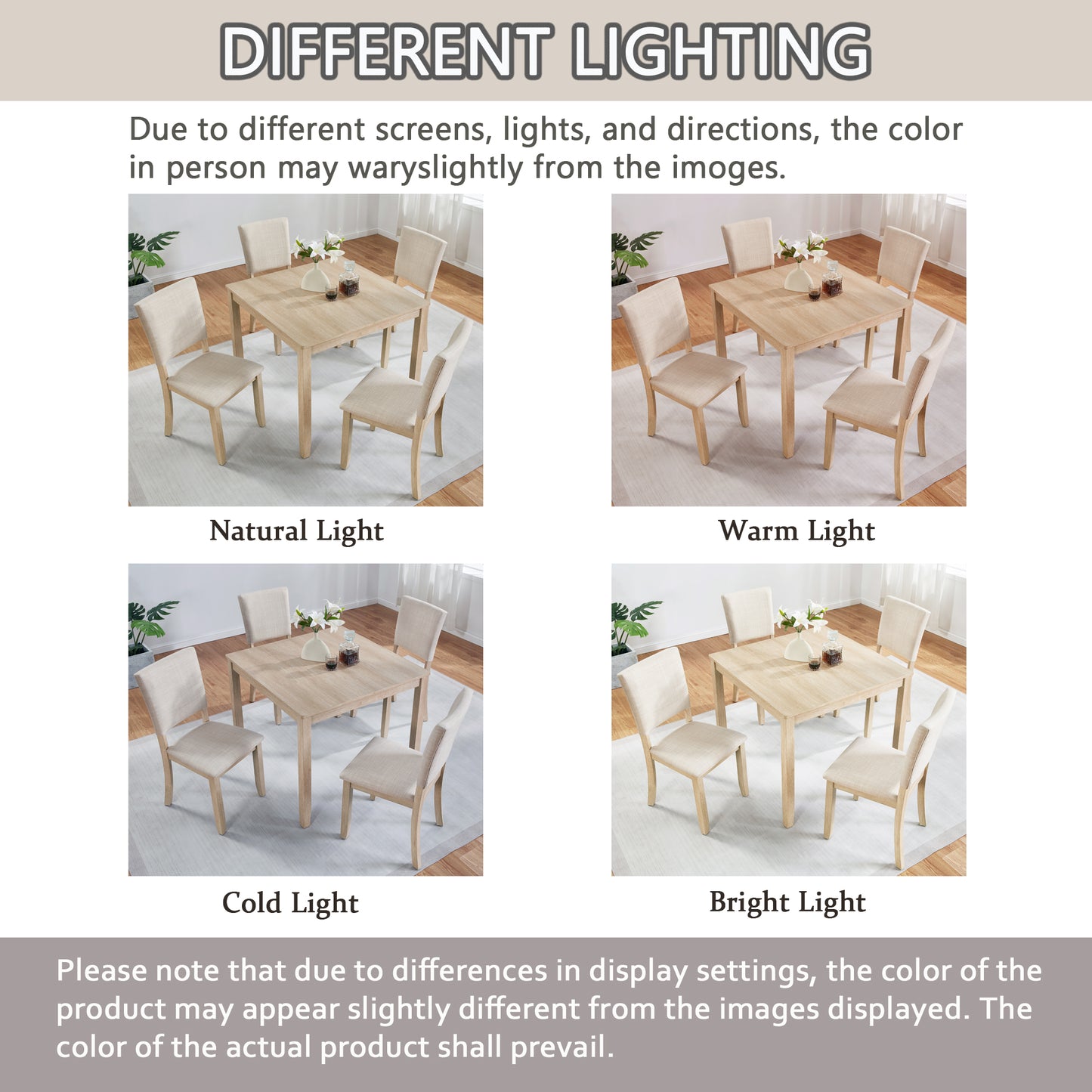 4-Person Wooden Dining Table Set with 4 Chairs - Light Oak & Beige