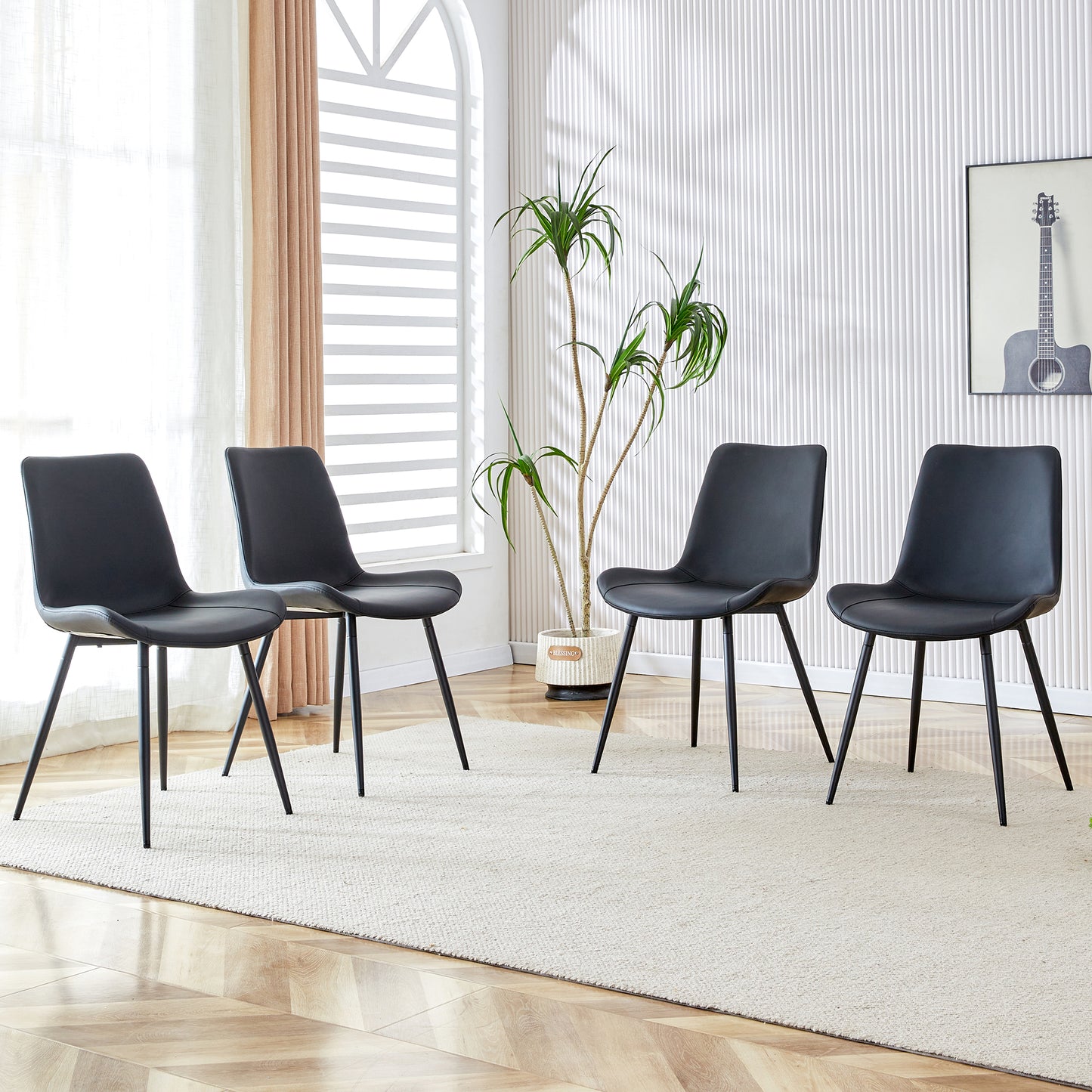 Black Artificial Leather Backrest Cushion Dining Chair, Metal Legs,