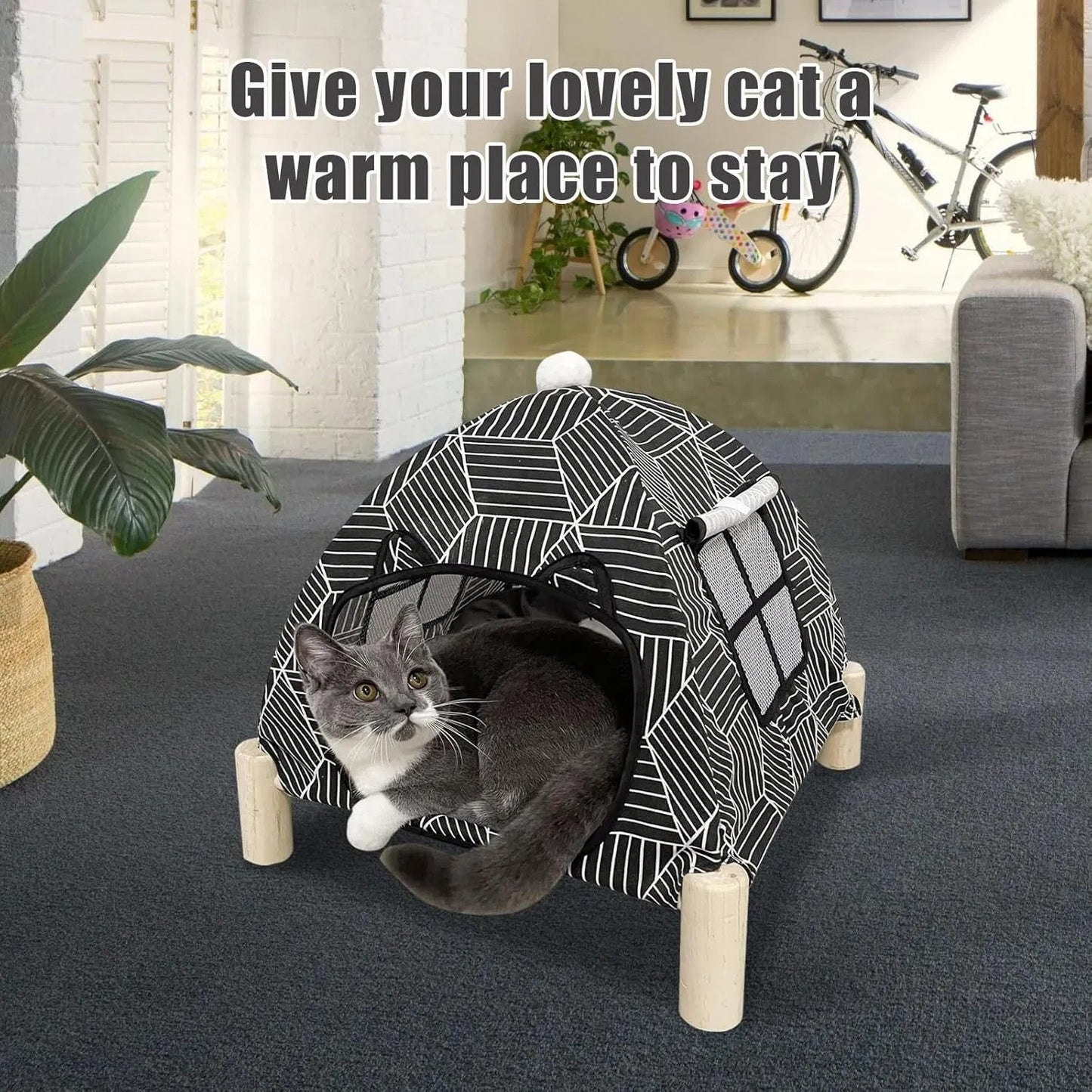 Foldable Indoor Cat Tent Bed with Washable Cushion - Cozy Hideaway for Small Pets