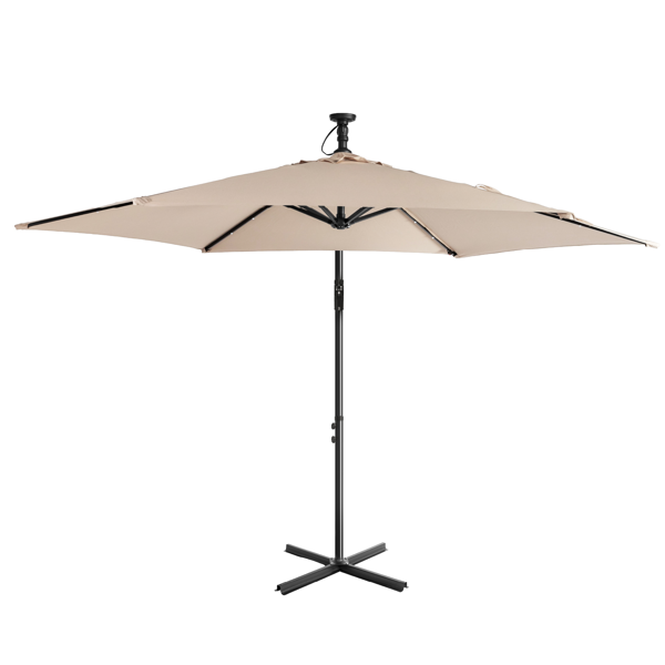 10FT Round Patio Hanging Umbrella with LED Lights - Khaki