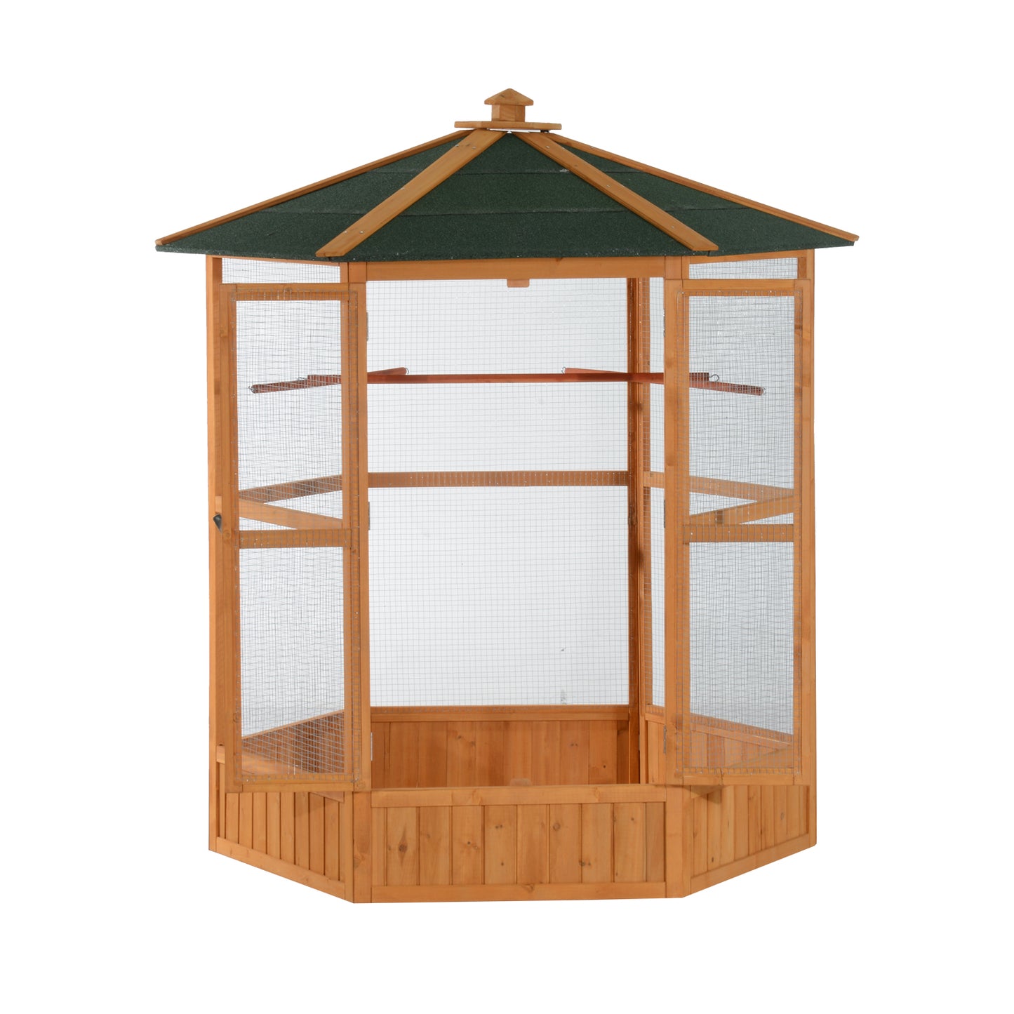 Large Wooden Hexagonal Bird Aviary with Covered Roof - Outdoor Bird Cage