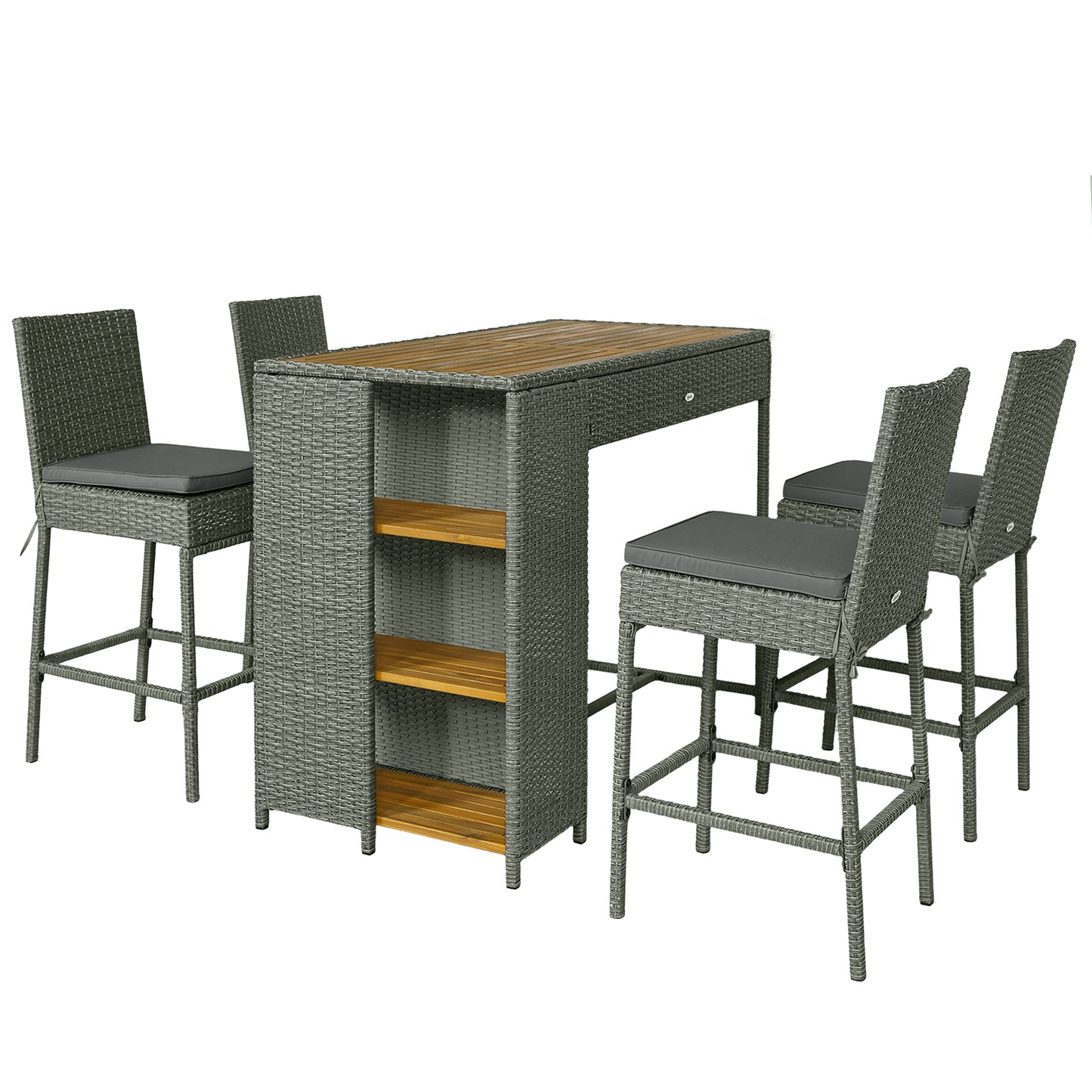 5-Piece Wicker Outdoor Bar Set with Cushions & 3 Shelves - Gray