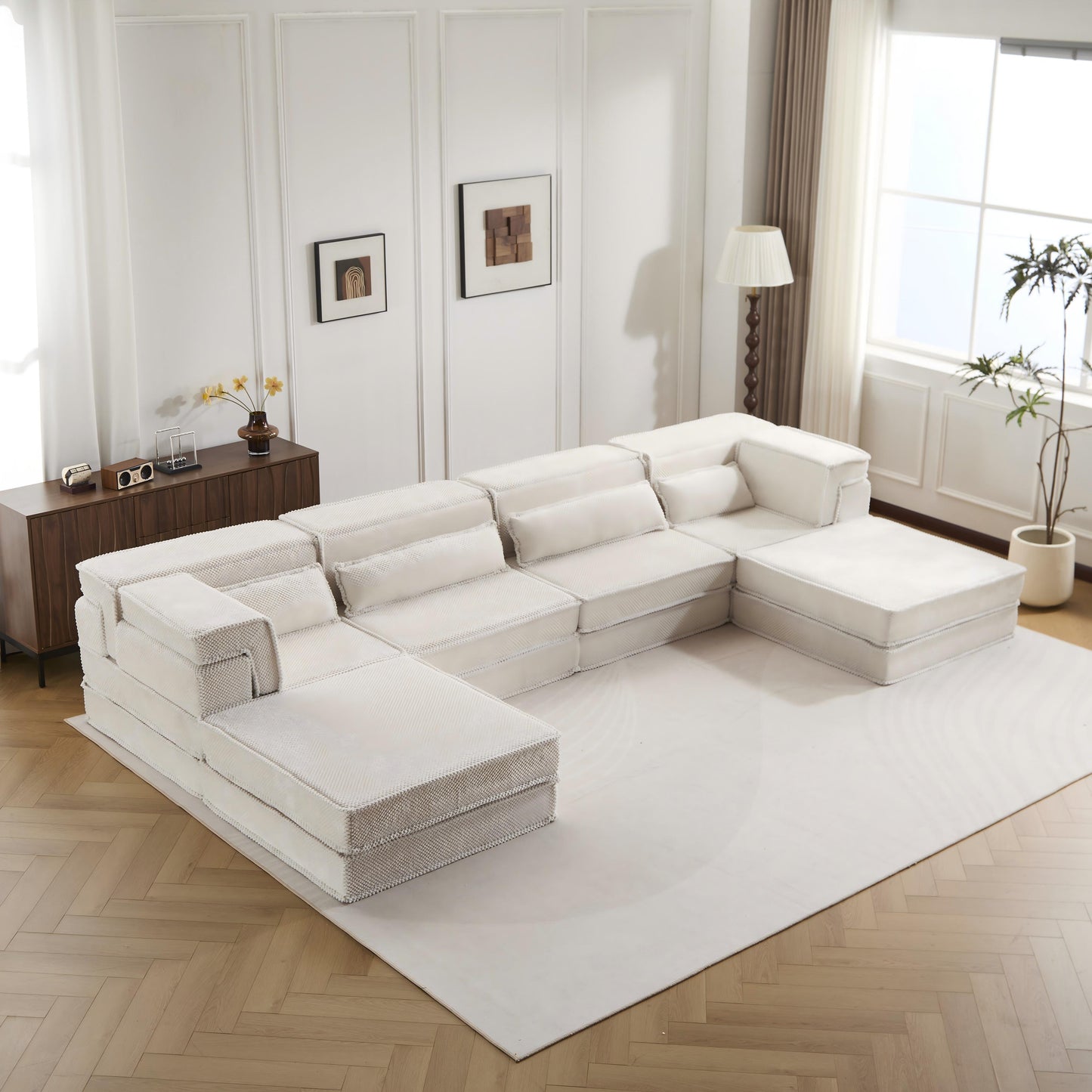 Oversized 4-Seater Modular Floor Sofa Bed with 2 Ottomans - White