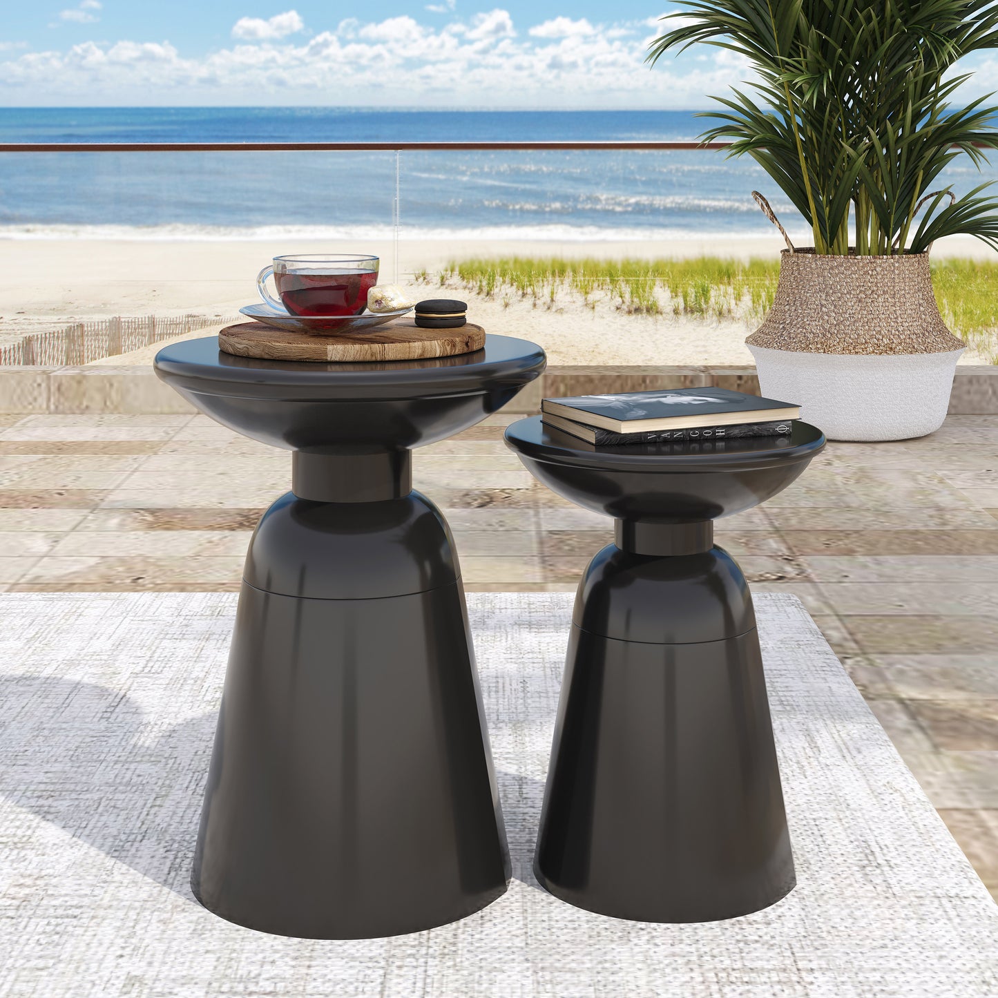 Outdoor Iron Side Tables Set of 2 - Modern Flared Design, Black