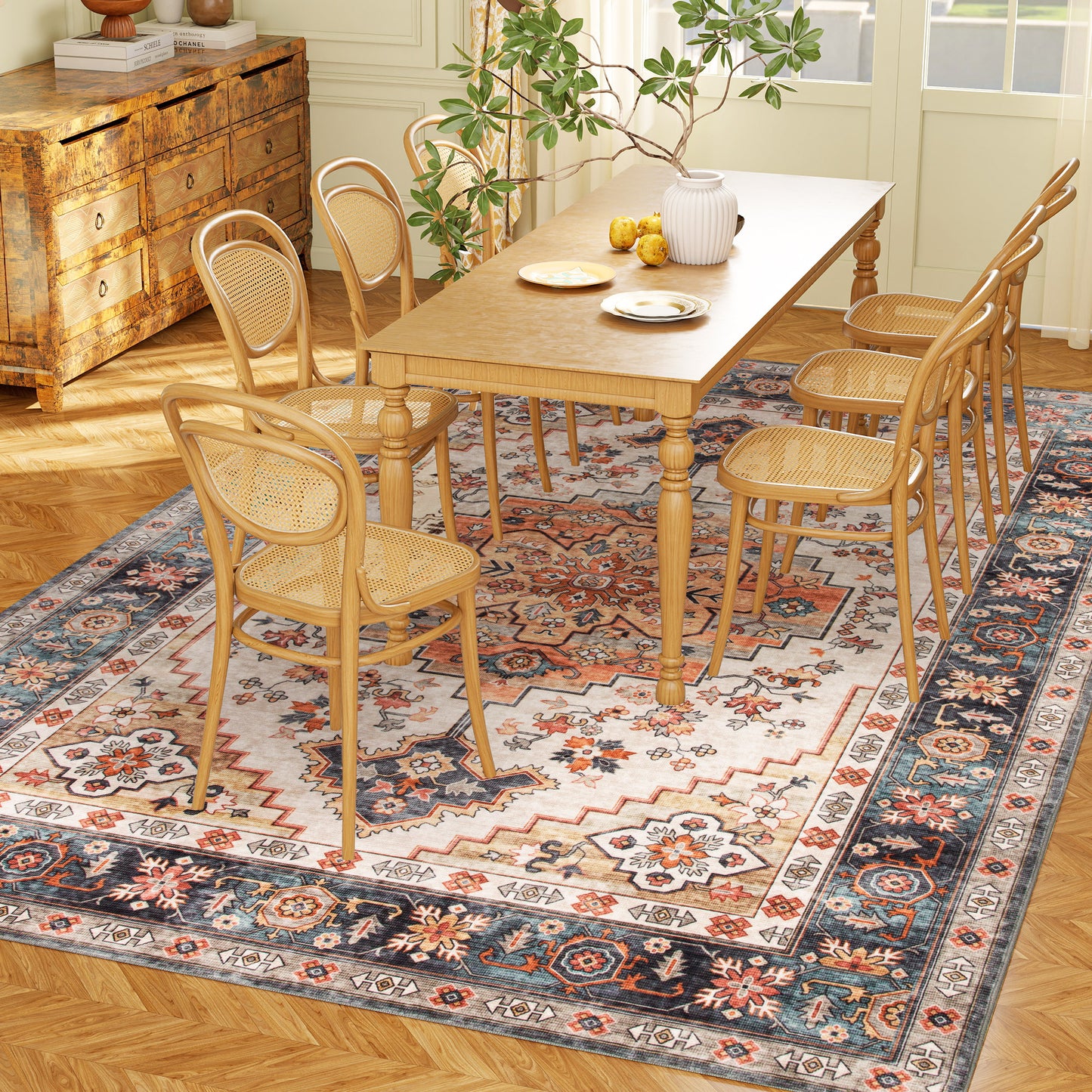 Boho Print Area Rug 5x7 - Machine Washable Non-Slip Carpet - Tawny Brown