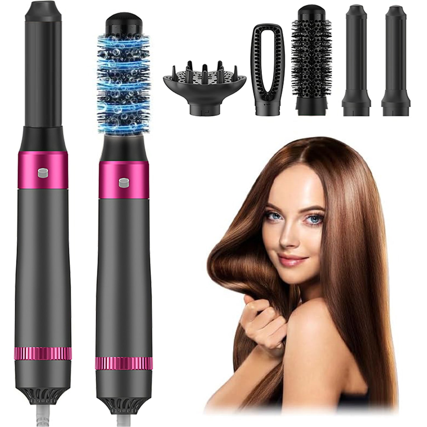5-in-1 Ionic Hair Dryer Brush Kit - Detachable Styling Heads, 1000W