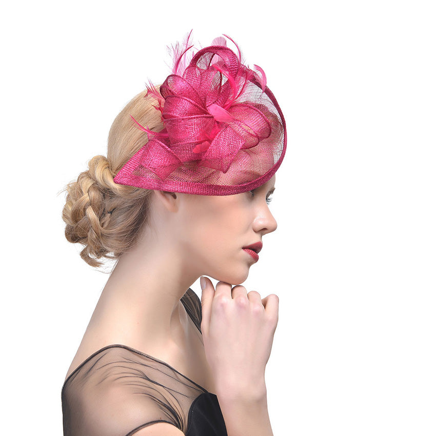 Bridal Feather Hairpin with Hemp Yarn Net and Flower Design – Wedding Hair Accessory