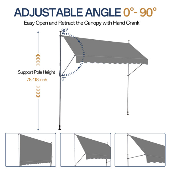Retractable Patio Awning - Grey Sun Shade Shelter with Adjustable Frame
