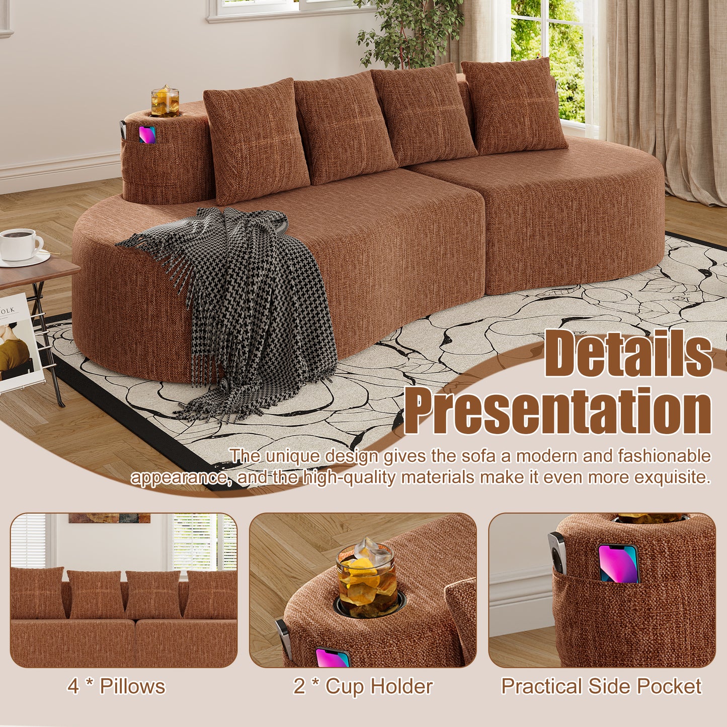 Modern Curved 3-Seat Half-Moon Sofa in Orange - Minimalist Design