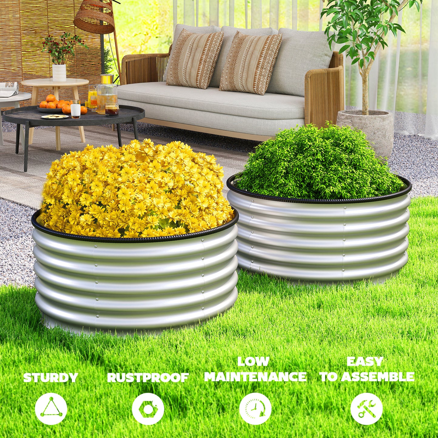 Set of 2 Metal Raised Garden Beds with Edging, Silver 3x3x1.4 ft