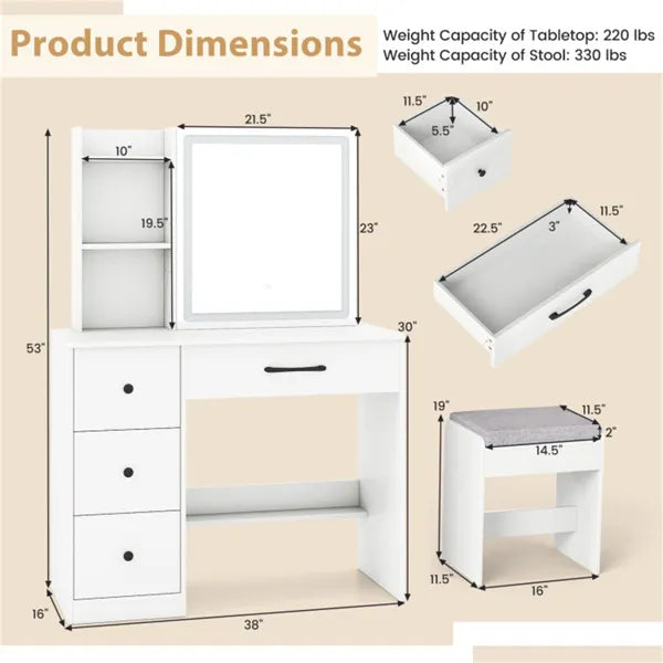 White Vanity Desk and Stool Set with LED Light Strip and Mirror