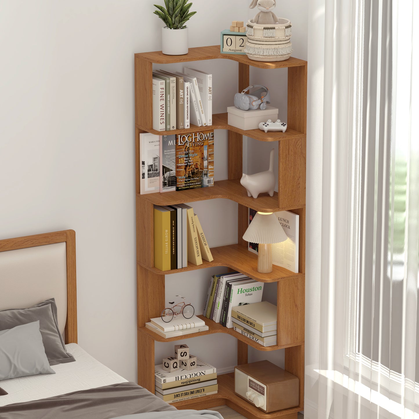 6 Tier Freestanding L-Shaped Corner Bookshelf For Living Room,