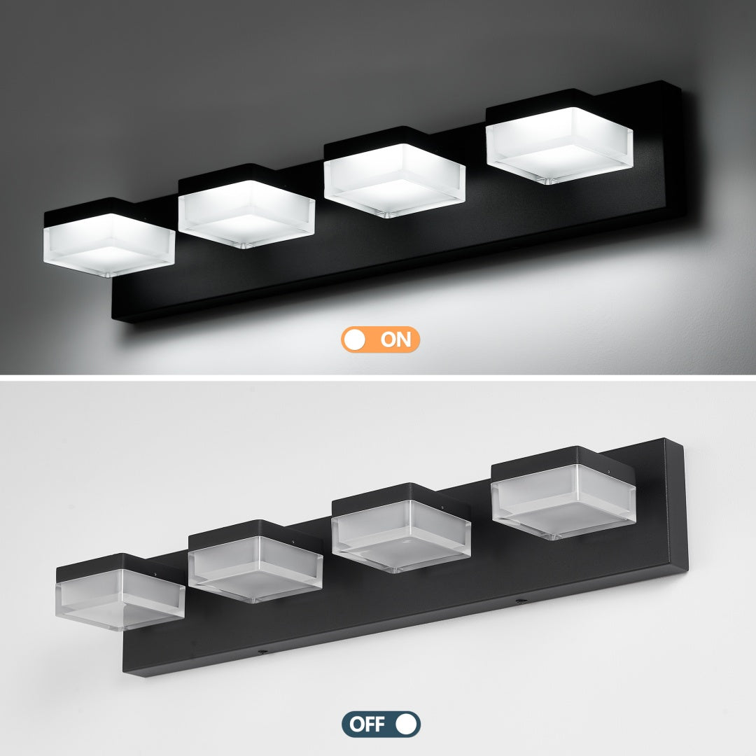 Dimmable Black Bathroom Vanity Light Fixture - 4 Lights, 24W LED