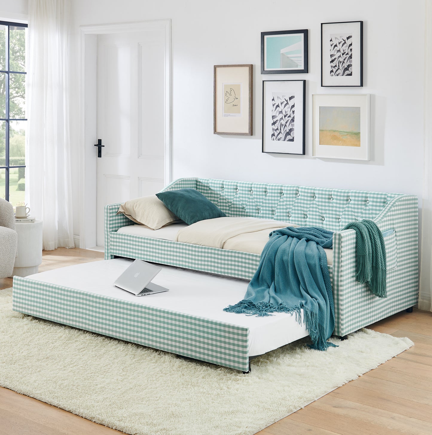 Twin Size Upholstered Daybed with Pull-Out Trundle & Storage - Cyan