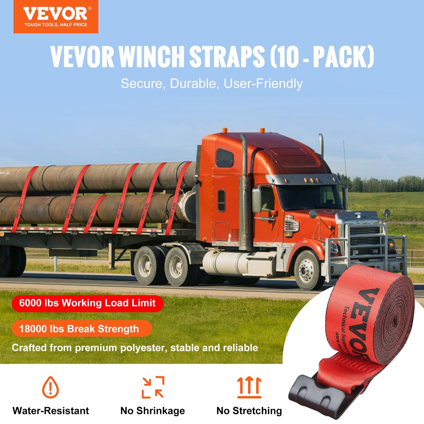 Heavy-Duty Winch Straps 4ft x 30in 6000 lbs Load Capacity Flat Hook Tie Downs Red 10 Pack