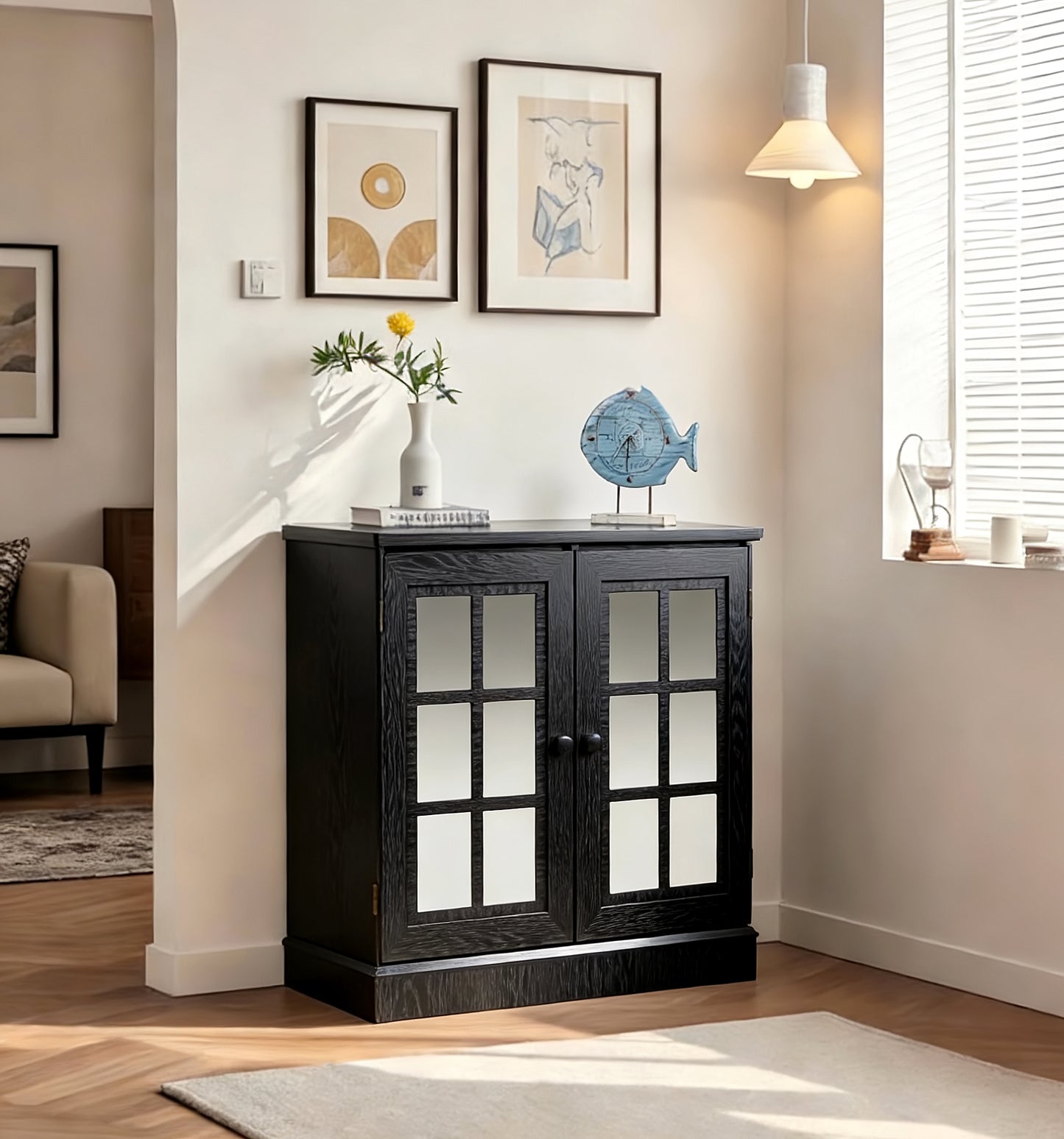 Storage Sideboard Cabinet With 2 Decorative Acrylic Mirrored Doors,